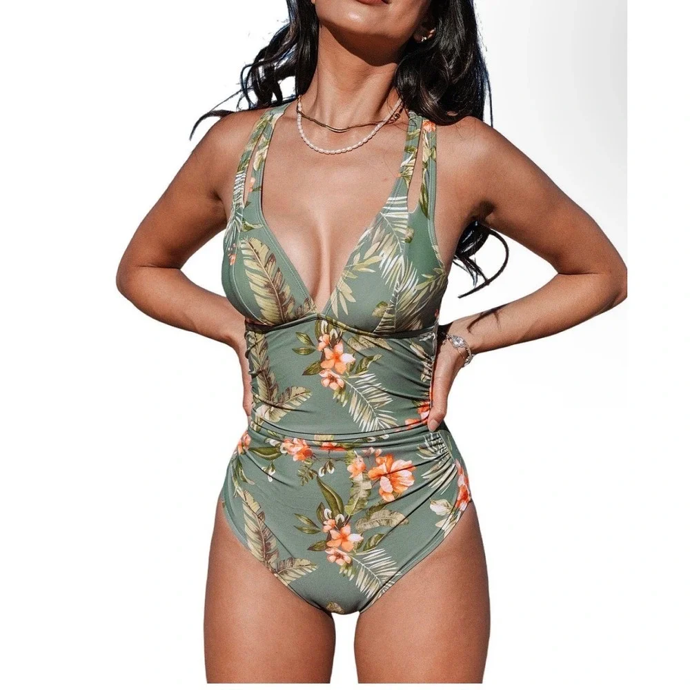 Cupshe Womens XL Tropical Floral Ruched V-Neck One Piece Swimsuit  Green